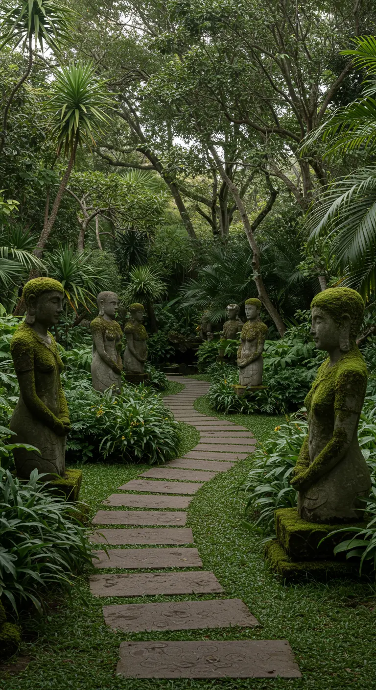 Sendero de piedra en un jardín frondoso flanqueado por estatuas antiguas cubiertas de musgo.