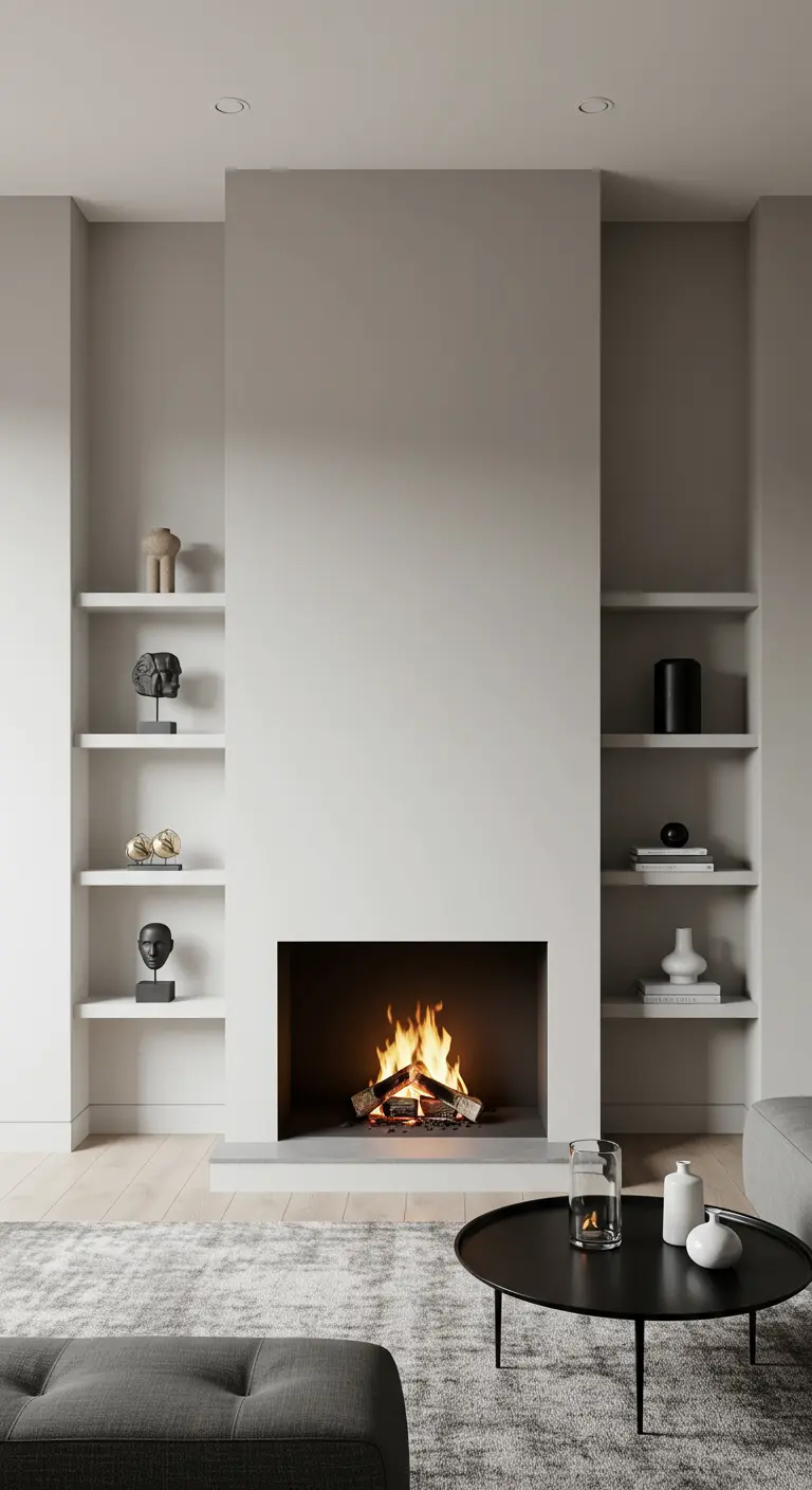 Salón minimalista con una chimenea central flanqueada por nichos con repisas blancas.