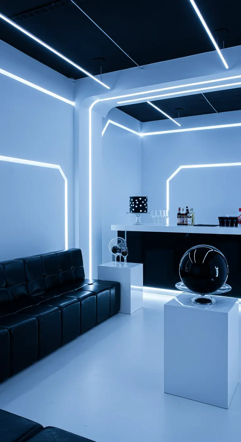 Sala minimalista con paredes y techo delineados con luces LED blancas y un sofá negro.