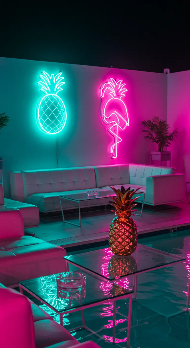 Sala con sofás blancos, luces de neón de piña y flamenco, y una piscina interior.