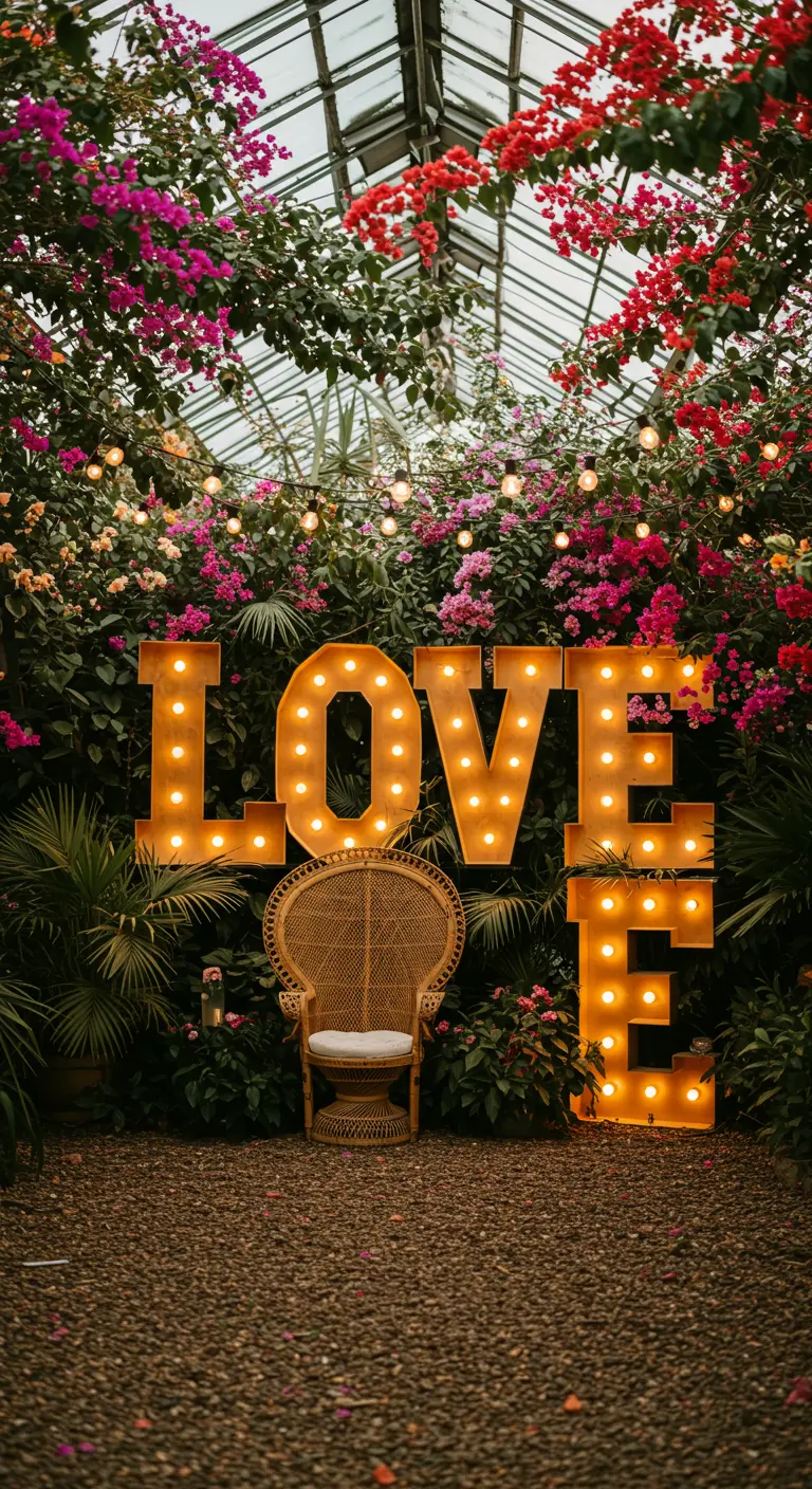 Letras gigantes que forman la palabra LOVE en un jardín frondoso y lleno de flores de colores.