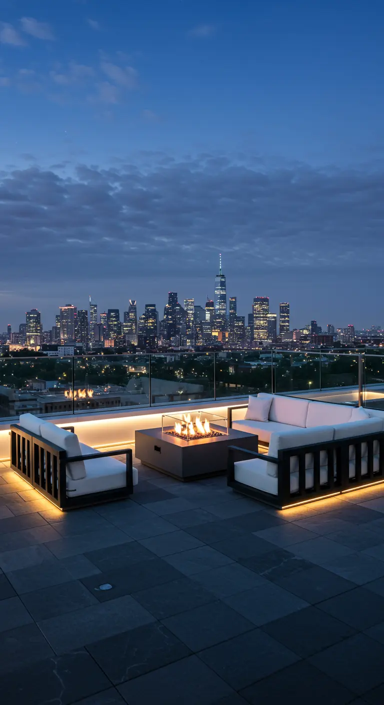 Terraza moderna en una azotea con sofás iluminados, un brasero y vistas a la ciudad de noche