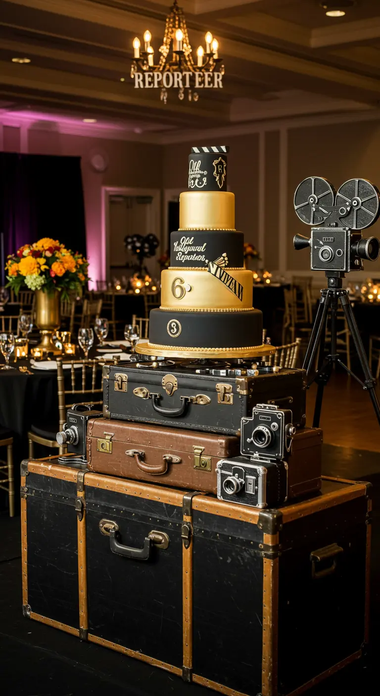 Pastel de cumpleaños negro y dorado de varios pisos sobre una pila de maletas estilo Hollywood antiguo.