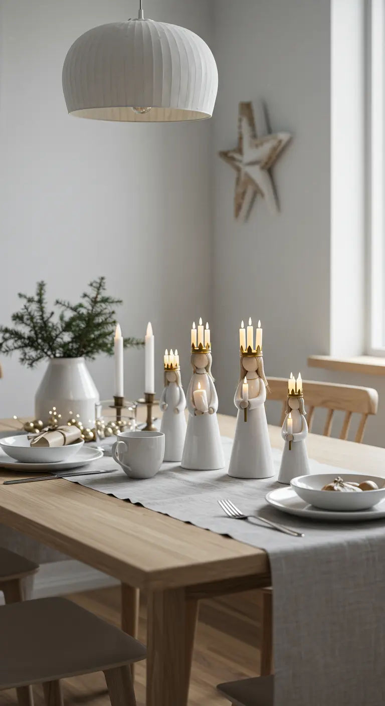 Mesa de comedor de estilo escandinavo con figuras blancas de Santa Lucía y velas.