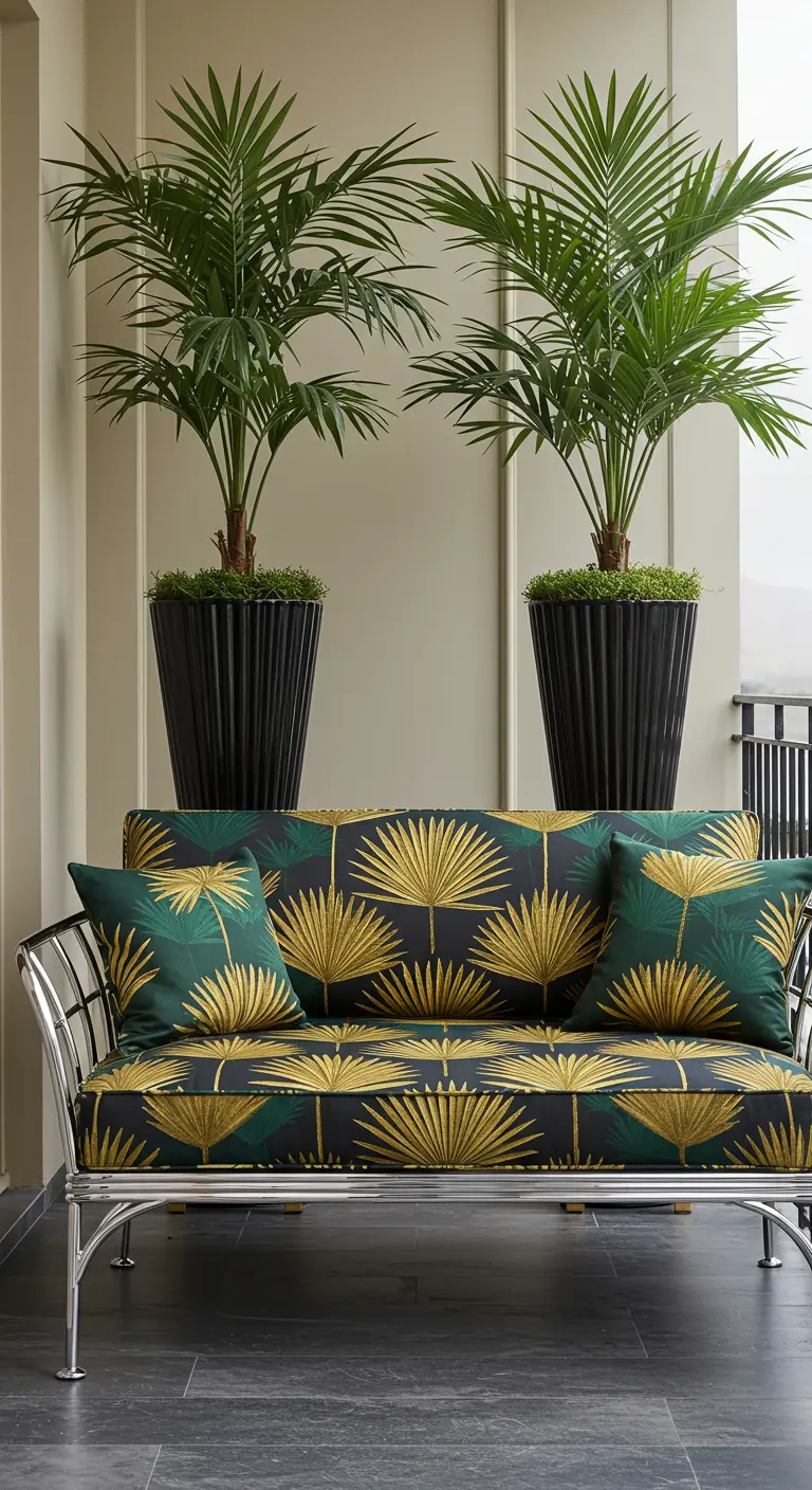 Terraza de lujo con sofá de estructura metálica y cojines de hojas de palmera doradas