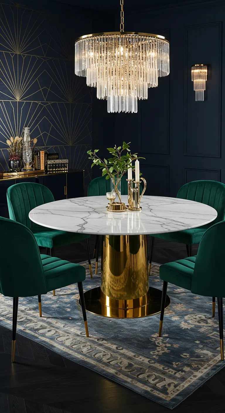 Comedor Art Déco con mesa de mármol, sillas de terciopelo verde y lámpara de cristal.
