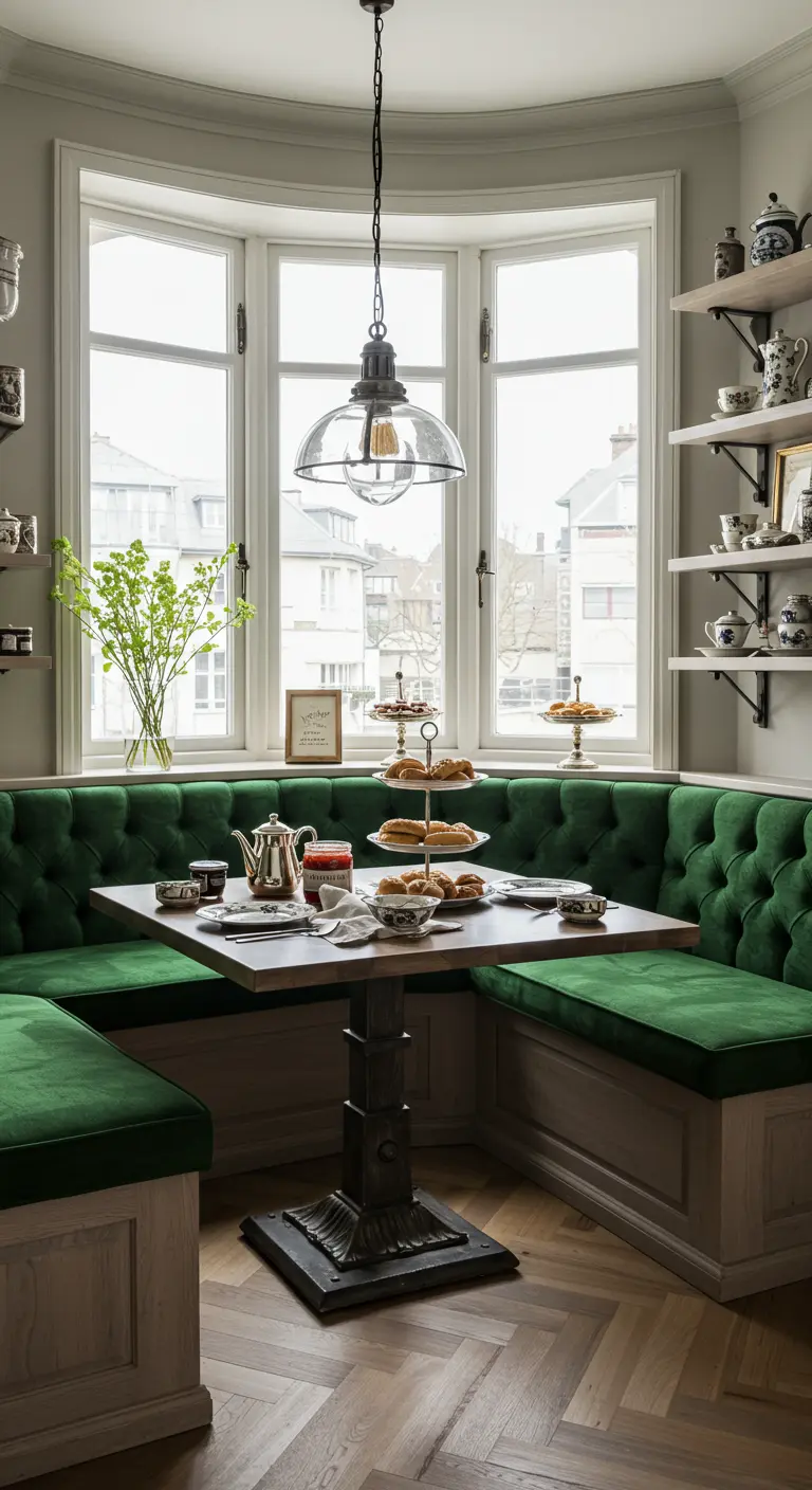 Rincón de desayuno con un banco esquinero de terciopelo verde y una mesa de madera.