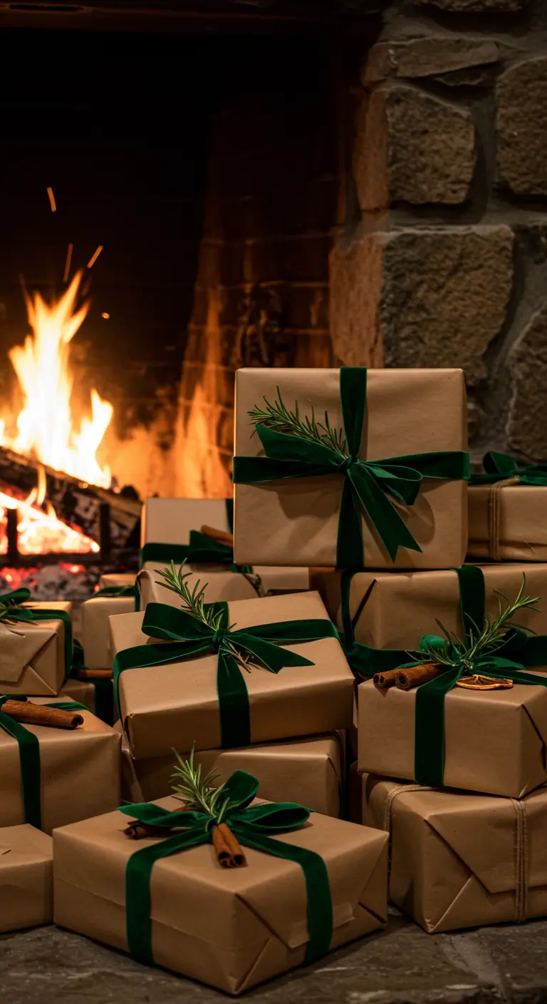 Regalos con lazos de terciopelo verde y romero frente a una chimenea encendida.