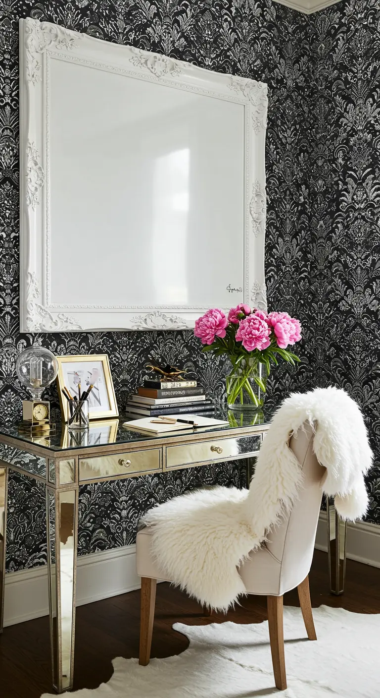 Escritorio de espejo con una gran pizarra blanca enmarcada en un marco barroco blanco ornamentado.