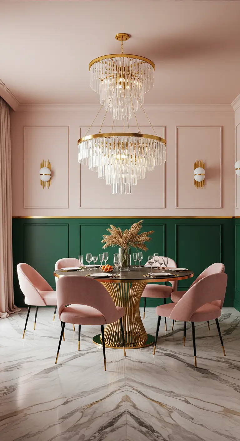Comedor glamuroso con pared pintada en verde esmeralda y rosa, con sillas de terciopelo rosa.