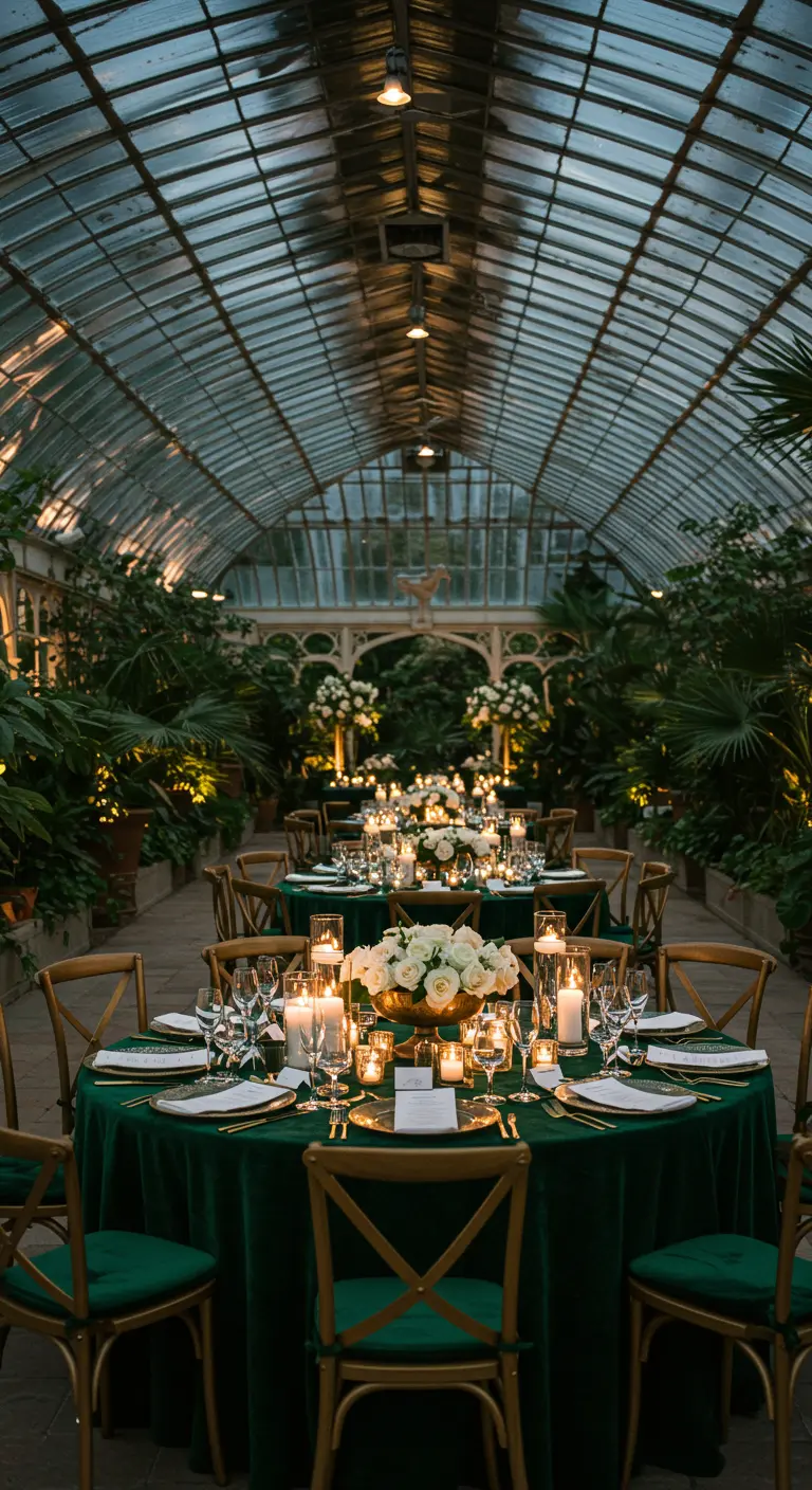 Cena elegante en un invernadero con manteles de terciopelo verde y sillas doradas.