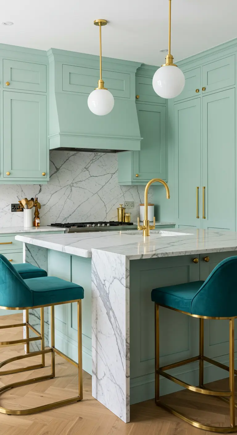 Cocina menta con isla de mármol en cascada y taburetes de terciopelo azul.