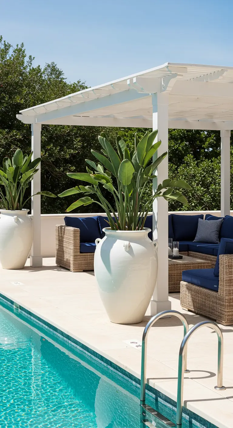Zona de piscina con pérgola blanca, sofás de mimbre con cojines azules y grandes macetas blancas.