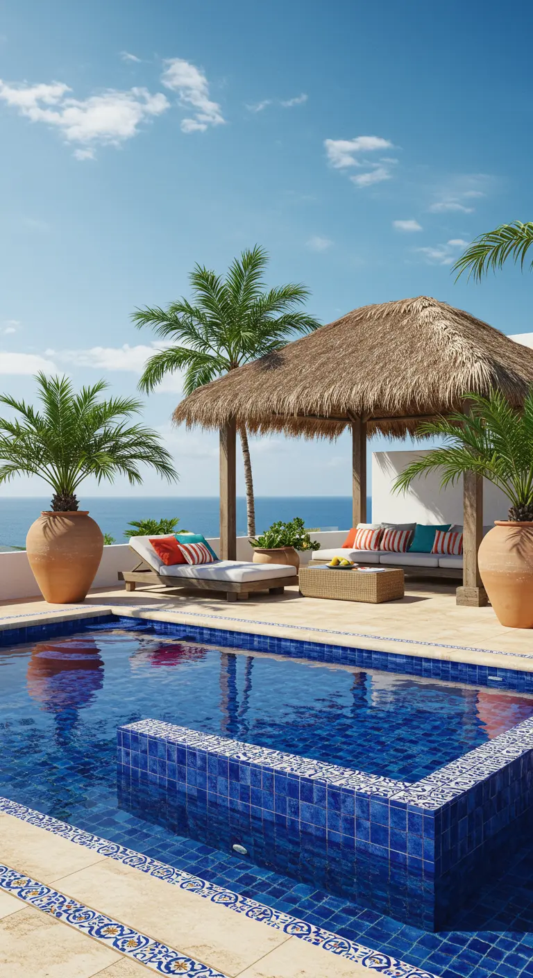 Piscina con bordes de talavera azul, palapa y vistas al mar.