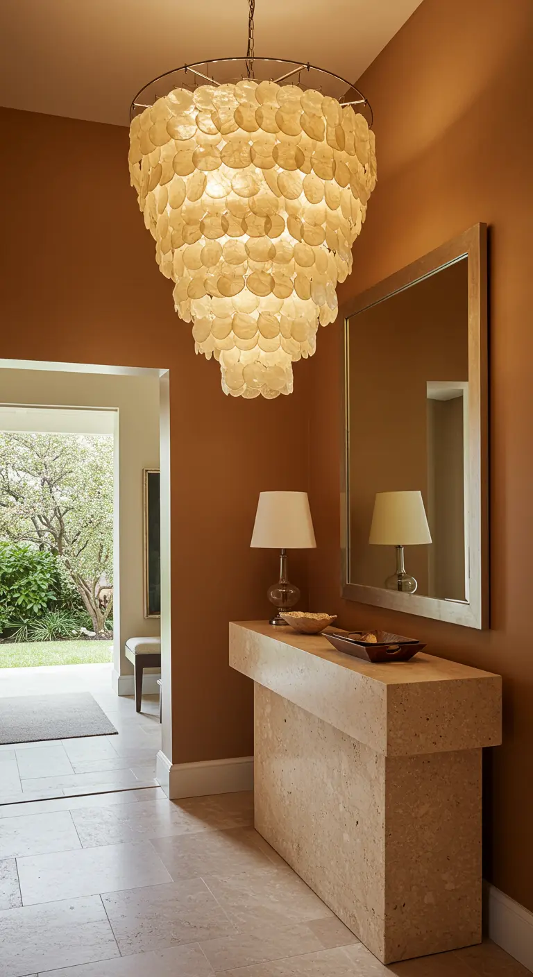 Entrada elegante con lámpara de araña de conchas y consola de travertino