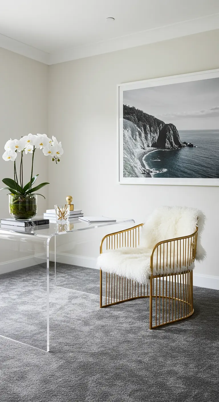 Oficina de lujo minimalista con escritorio de acrílico, silla dorada con piel sintética y una gran foto de la costa.