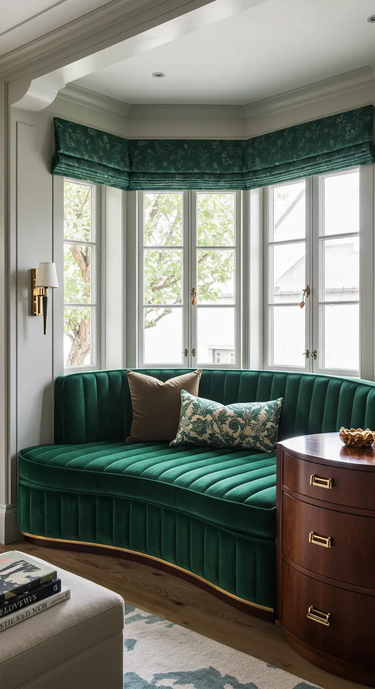 Sofisticado banco curvo de terciopelo verde en una ventana salediza o bay window.