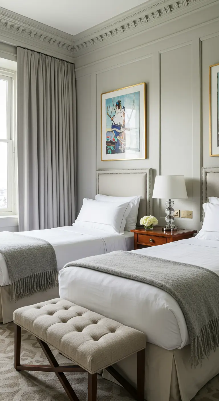 Habitación de hotel con dos camas individuales, cada una con una manta gris a los pies.