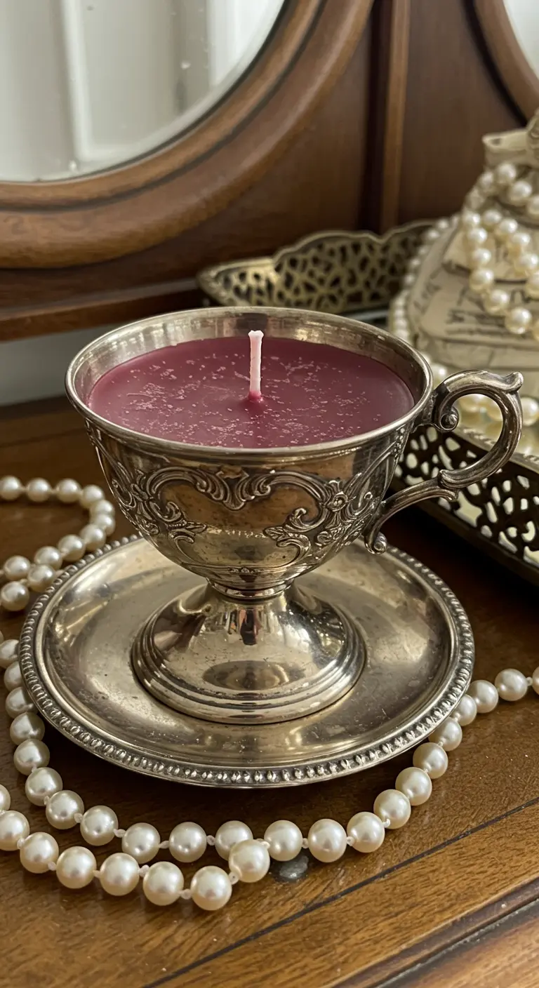 Vela de cera color vino en una ornamentada taza de plata antigua