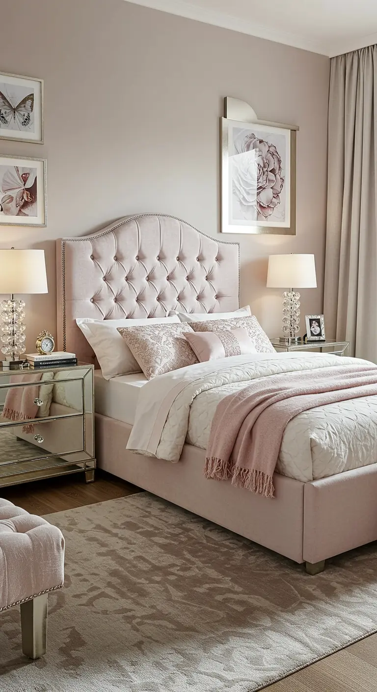 Cama tapizada en terciopelo rosa con cabecero de capitoné y almacenaje abatible en un dormitorio elegante.