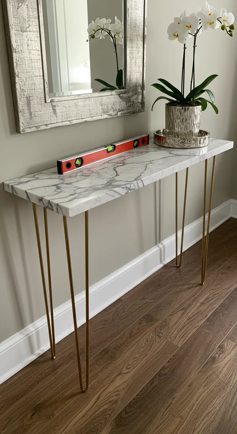 Consola elegante con un tablero de efecto mármol blanco y patas de horquilla doradas.
