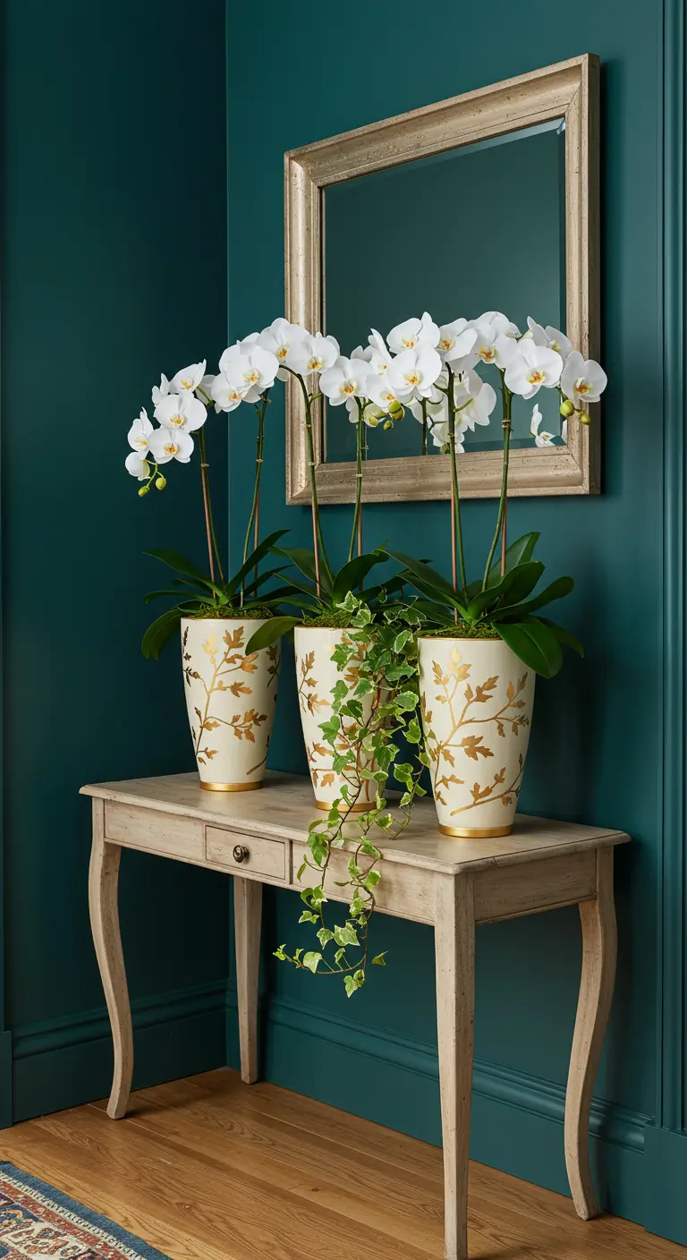 Macetas altas color crema con patrones de hojas doradas, conteniendo orquídeas blancas.