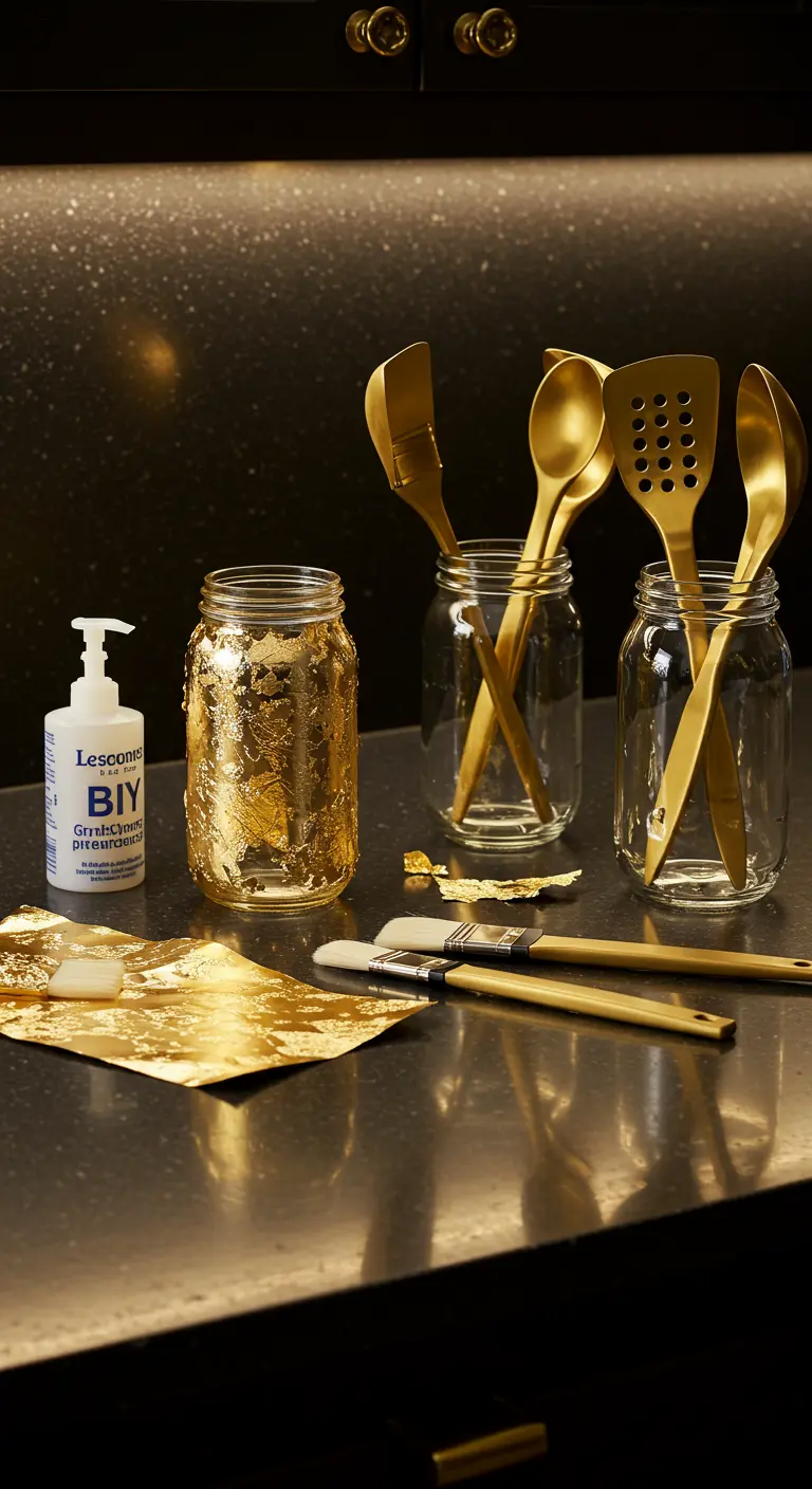 Frasco de vidrio decorado con pan de oro para un lujoso porta utensilios de cocina.