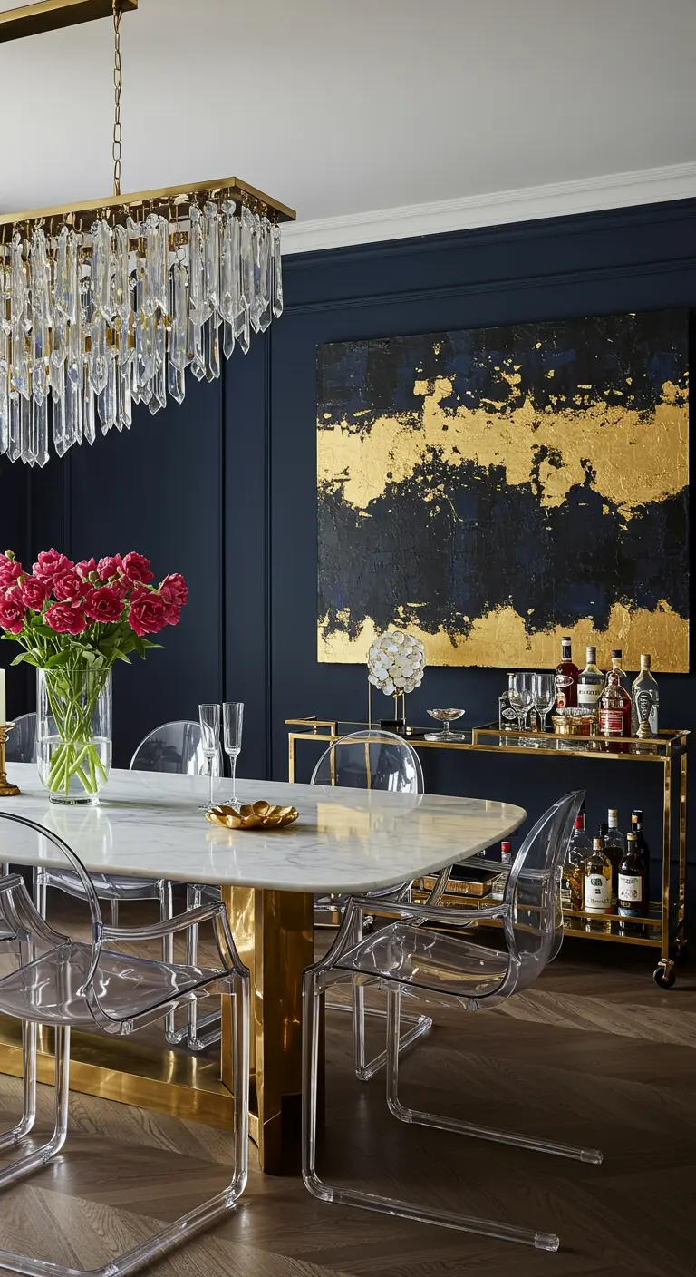 Comedor glamuroso con paredes azules, arte dorado y negro, y lámpara de cristal.