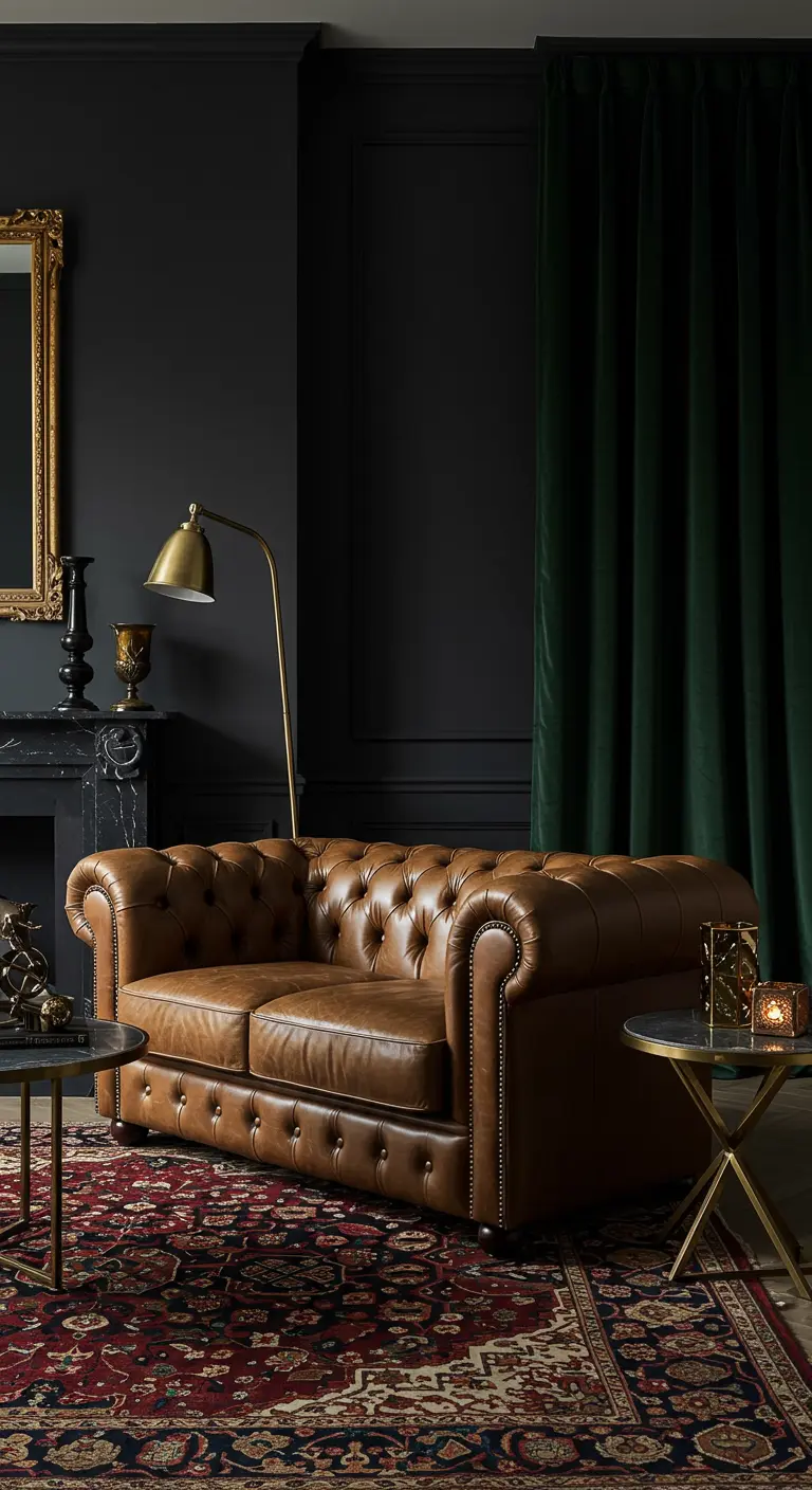 Sofá Chesterfield de cuero marrón en una sala con paredes oscuras y cortinas de terciopelo verde.