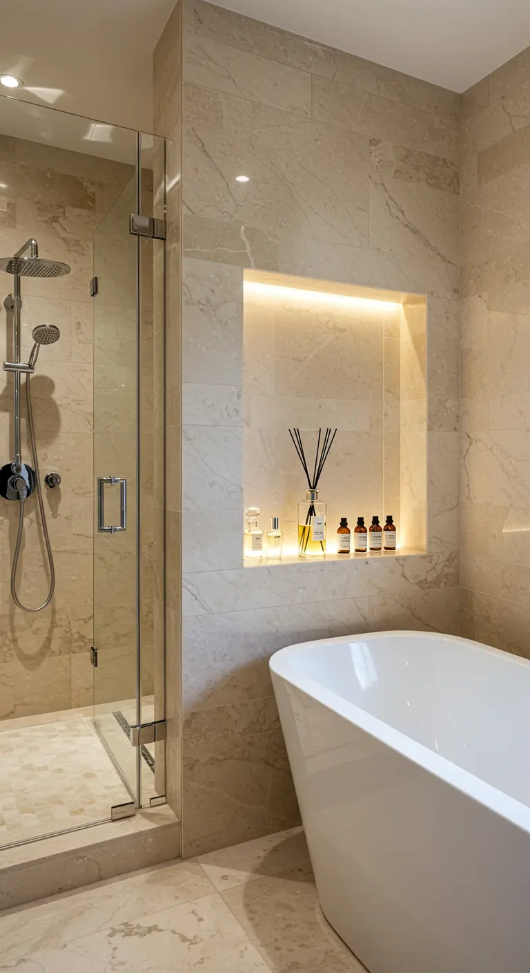 Nicho de mármol iluminado con difusor, perfumes y aceites esenciales junto a una bañera.
