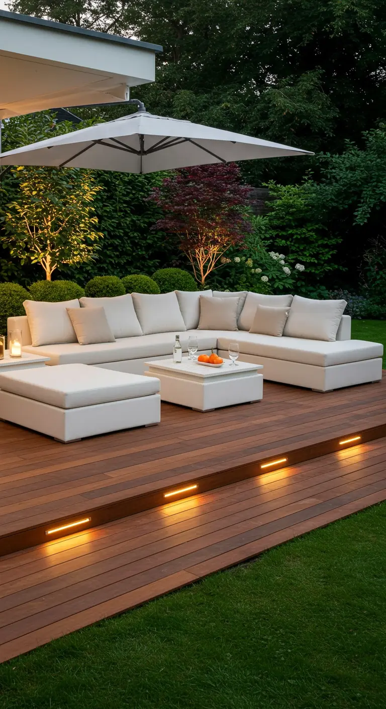 Sofá modular blanco sobre una tarima de madera con luces integradas en un jardín frondoso.