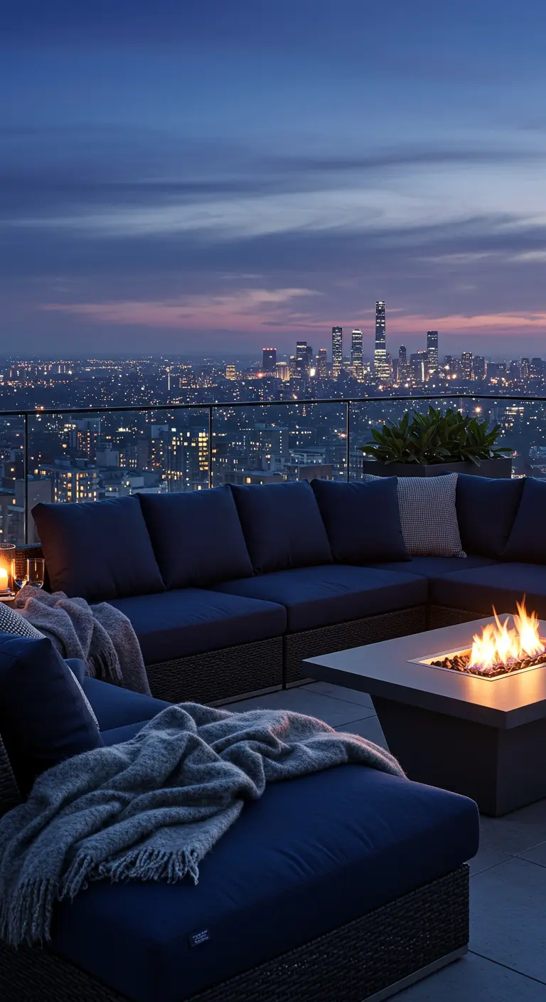 Azotea de lujo por la noche con un gran sofá, mantas y una mesa con fuego en el centro.