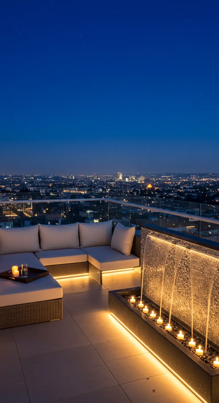 Ático de lujo con sofás modulares, fuente moderna con cascada iluminada y vistas nocturnas