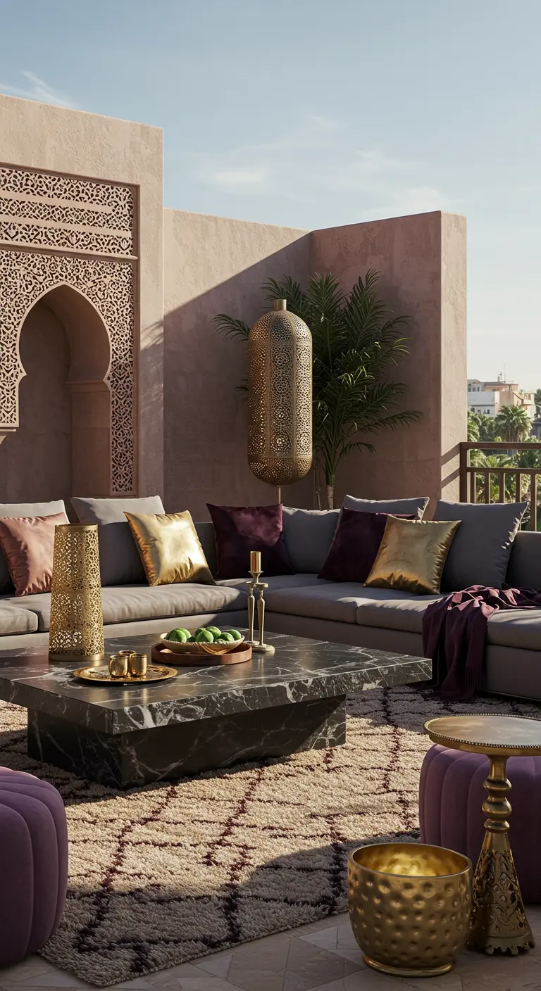 Terraza elegante con sofás grises, cojines de terciopelo dorados y morados, y accesorios de latón.