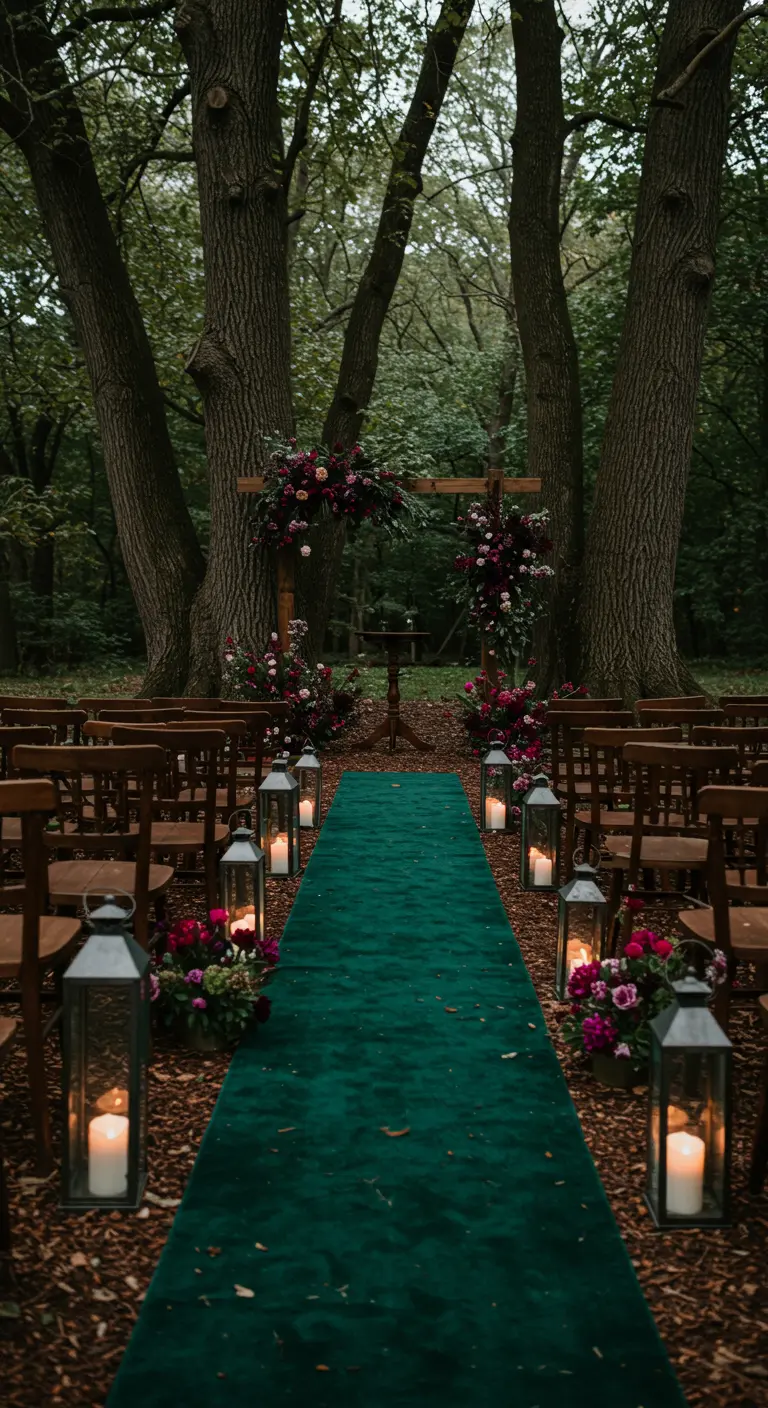 Pasillo de terciopelo verde esmeralda en una boda en un bosque oscuro, flanqueado por farolillos.