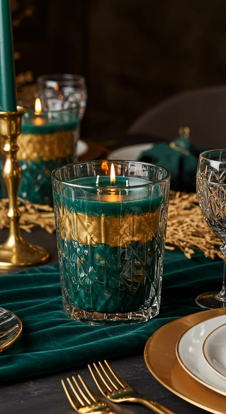 Vela en un vaso de cristal tallado con capas de color verde esmeralda y una franja dorada.
