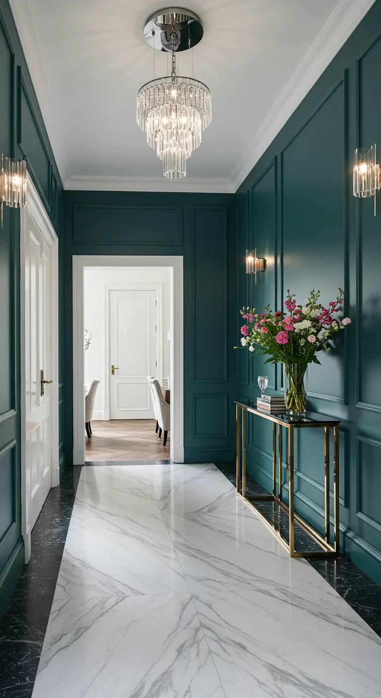 Recibidor lujoso con paredes verde azulado con molduras y suelo de mármol blanco.
