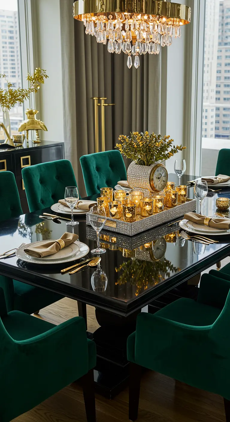 Mesa de comedor de lujo con sillas de terciopelo verde y un centro de mesa dorado en una bandeja de espejo.
