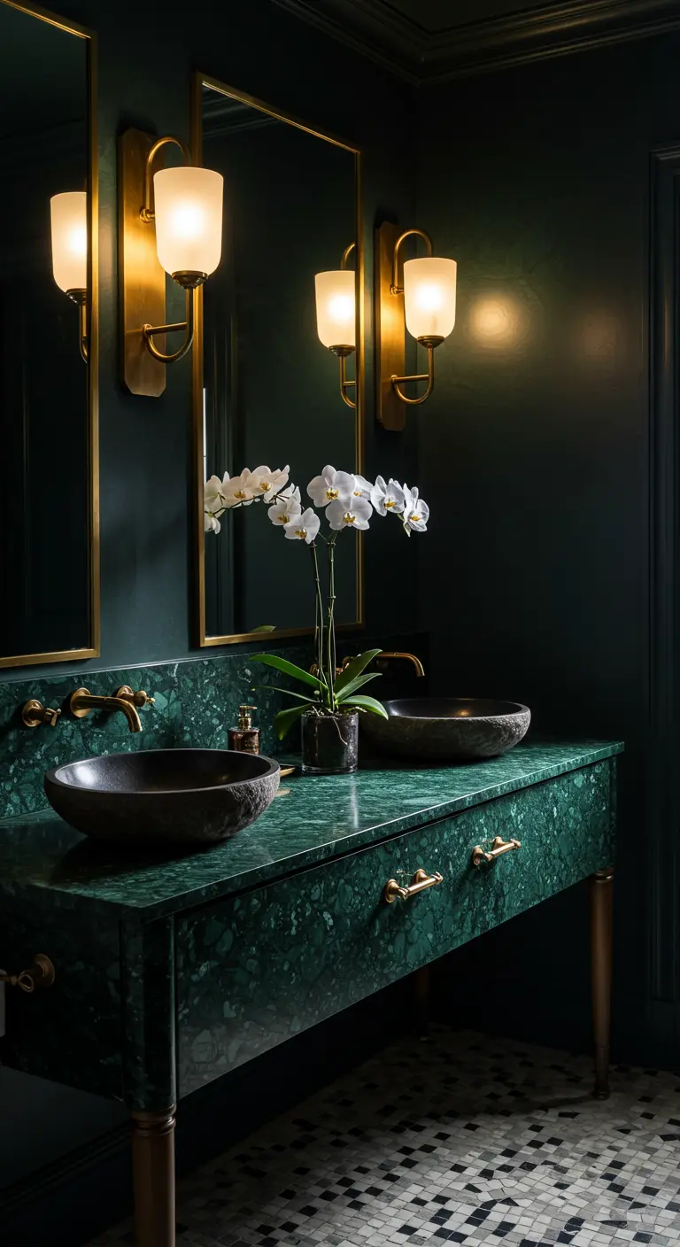 Baño de lujo con encimera de mármol verde, lavabos de piedra negra y apliques dorados.