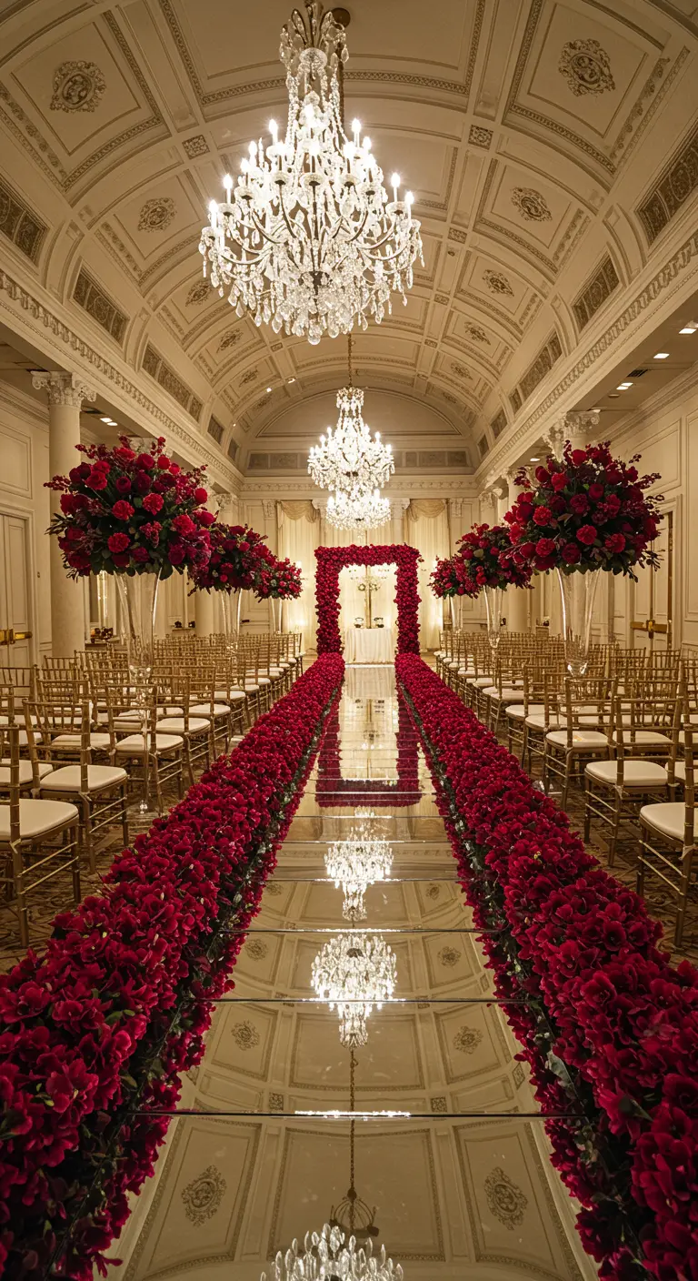 Pasillo de salón de baile con suelo de espejo y bordes de flores rojas.