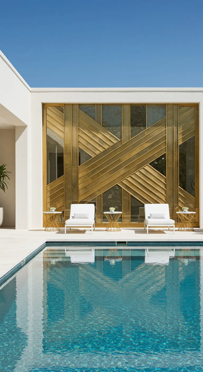 Pared junto a una piscina con un diseño geométrico de metal dorado sobre paneles de espejo.