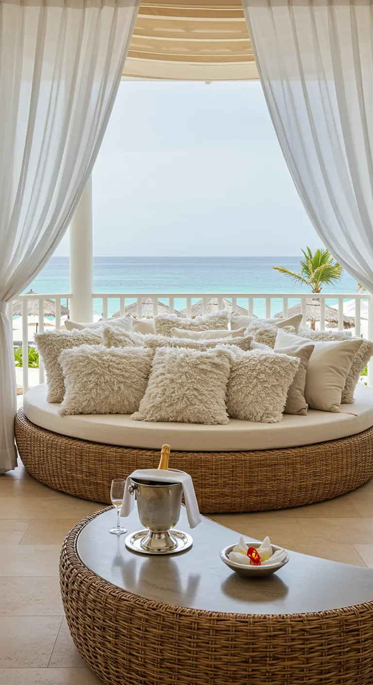 Terraza de lujo con una cama redonda de ratán, muchísimos cojines blancos y vistas al mar.