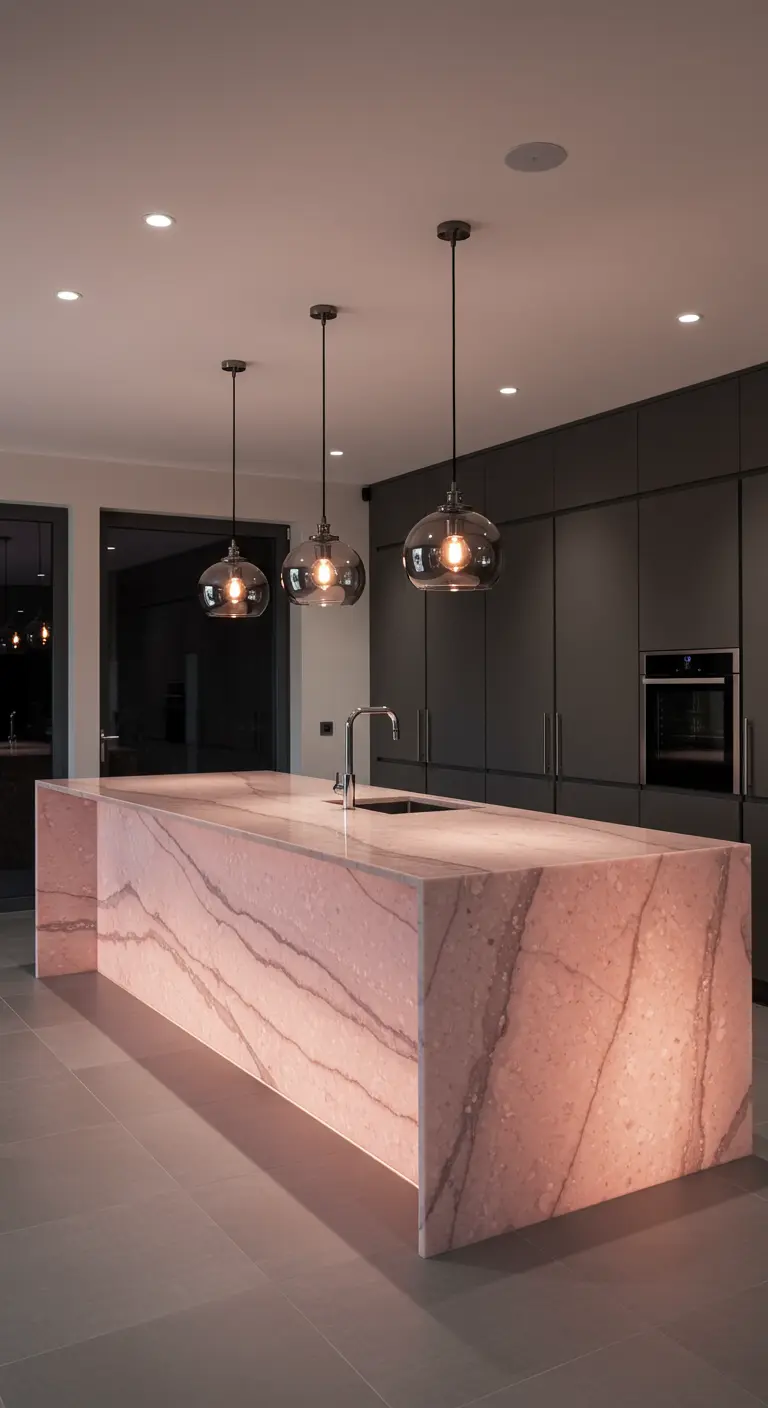 Cocina de lujo con una espectacular isla de ónix rosa retroiluminada y gabinetes oscuros.