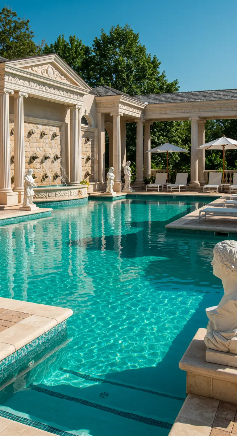 Piscina de lujo con columnas, estatuas clásicas y cascadas en la pared.