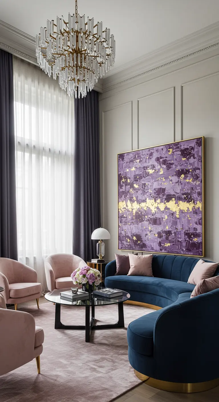 Sala elegante con sofá curvo azul, butacas rosas y cuadro abstracto en lavanda y oro.