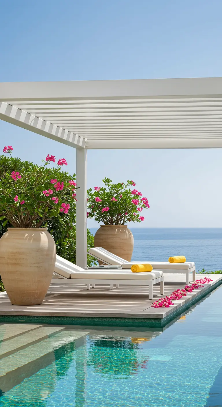 Pérgola blanca minimalista junto a una piscina infinita con tumbonas y grandes macetas de terracota.
