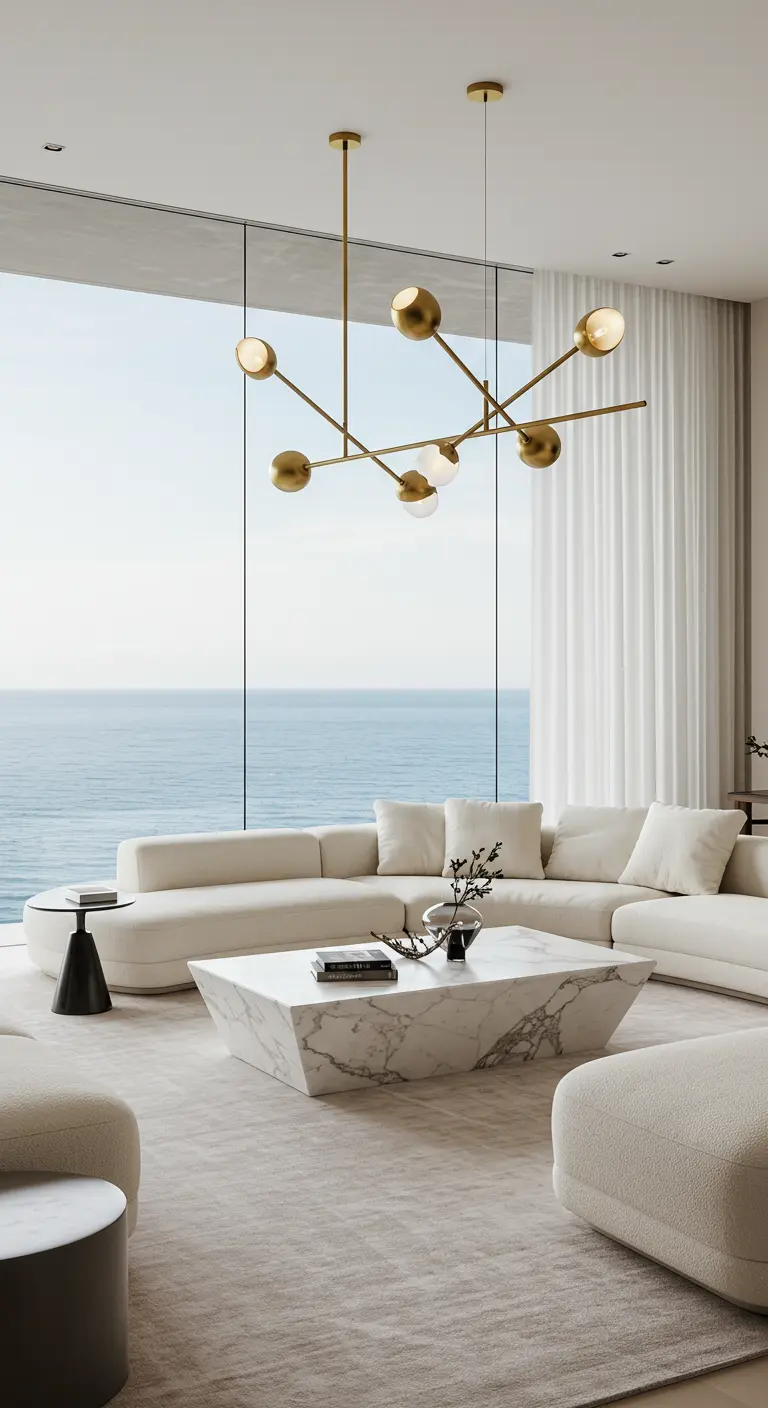 Sala de estar moderna y lujosa con un gran ventanal con vistas al mar y muebles blancos.