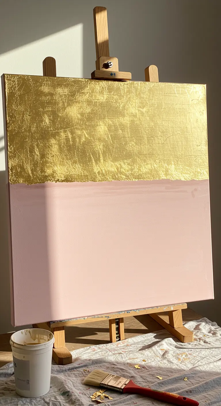 Lienzo pintado mitad en rosa pastel y mitad cubierto con pan de oro brillante.