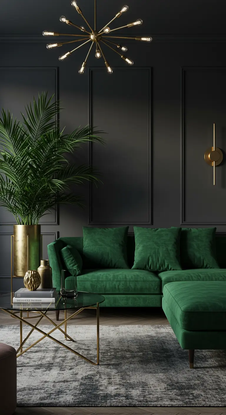 Sala oscura y elegante con sofá de terciopelo verde y detalles dorados.