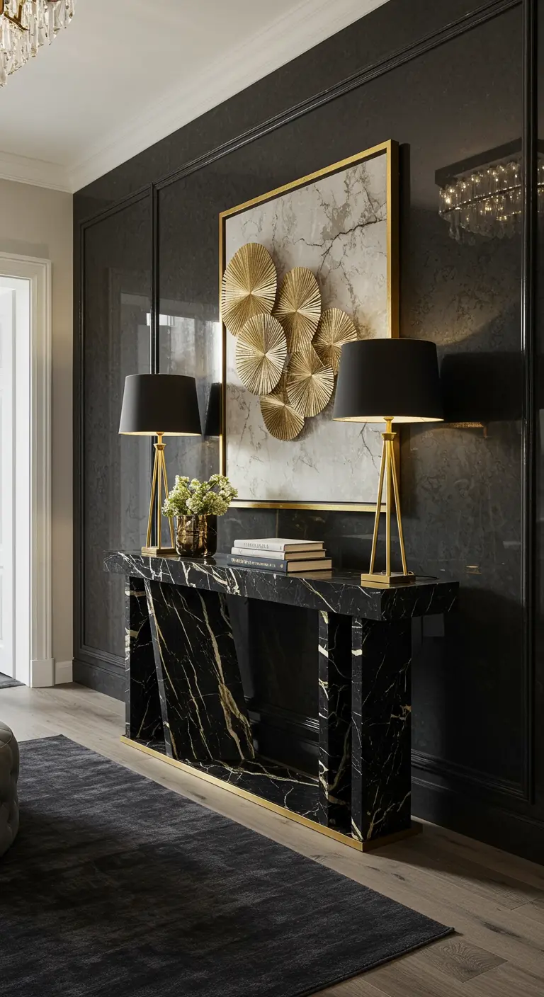 Entrada lujosa con paredes negras brillantes, consola de mármol negro y dorado y lámparas doradas.